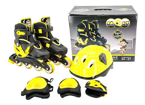 Patins In Line Ajustável Infantil + Kit Proteção Nº 34 Ao 37