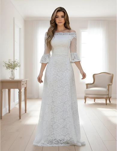 Vestido Longo De Noiva Para Casamento Civil Ombro A Ombro | Parcelamento sem juros