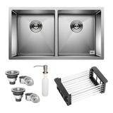 Cuba Dupla Quadrada Inox Cozinha   8040 Acessórios +tábua