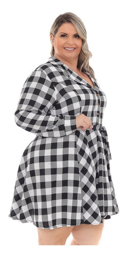 Vestido Feminino Manga Longa Sobretudo Inverno Camisa Xadrez