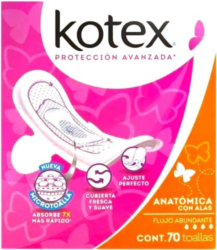 Toallas Femeninas Kotex Anatómica Con Alas 70 Pz