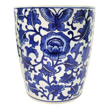 Vaso Branco E Azul Flores E Borboletas 20x17cm Porcelana