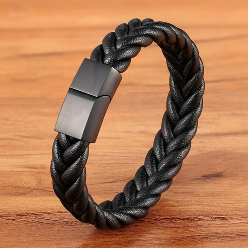 Pulsera Manilla Hombre En Cuero Trenzado Negro Y Acero 