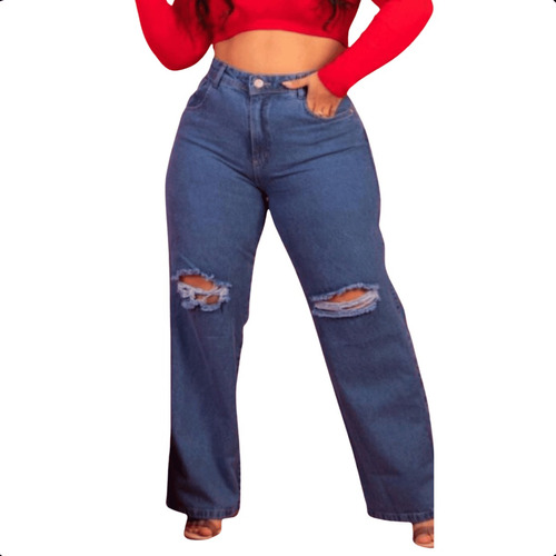 Calça Jeans Wide Leg Feminina Plus Size Destroyed