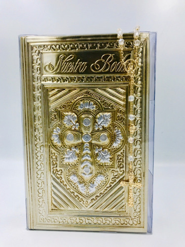 Biblia Boda Repujado Oro Con Rosario Cristal Cortado 