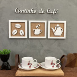 Kit 3 Quadros Decorativos Cantinho Do Café + Frase 3d Relevo Cor Branco E Rústico