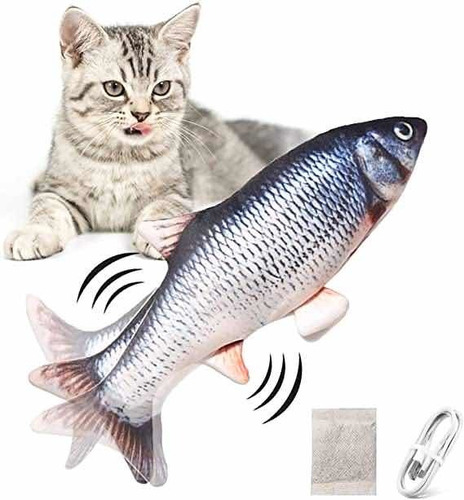 Juguete Pescado Movible Para Gato Recargable + Catnip Color Azul Marino