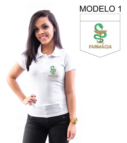 Camisa Polo Bordado Farmácia Feminina Branca Modelo 1