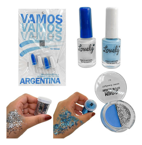 Combo Argentina Mundial Maquillaje Glitter Blanco Celeste