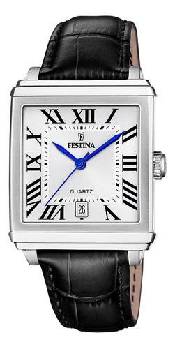 Reloj Festina On The Square Hombre Cuero Negro 50m F20681.1 Bisel Plateado Fondo Blanco