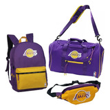 Combo Bolso Mochila Riñonera Nba Lakers Gym Violeta Crossfit