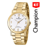 Relógio Champion Kit Feminino Branco Dourado Strass Cn29025w