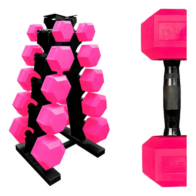 Rack 5 Pares Mancuernas Hexagonales Pvc Rosas 5-25 Lb Color Rosa chicle | Meses sin interés