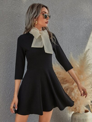 Vestido Negro Flowy Cinta Tul Cuello Shein