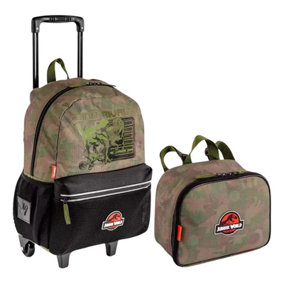 Kit Mochila Rodinhas Dino Jurassic E Lancheira - Sestini Verde Jurassic Dino