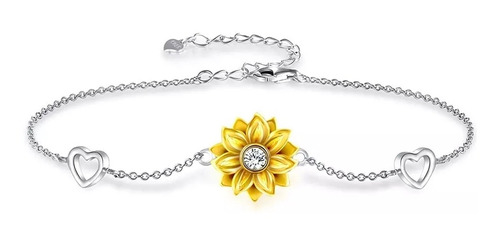 Pulsera Plata Ley 925 Girasol Corazón Mujer Joya Regalo