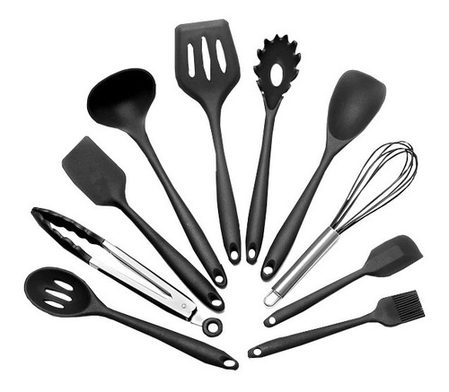 Jogo 10 Colheres De Silicone Cabo Inox Utensílios Cozinha