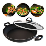 Panela Wok Antiaderente Com Tampa Vidro Preta 29cm