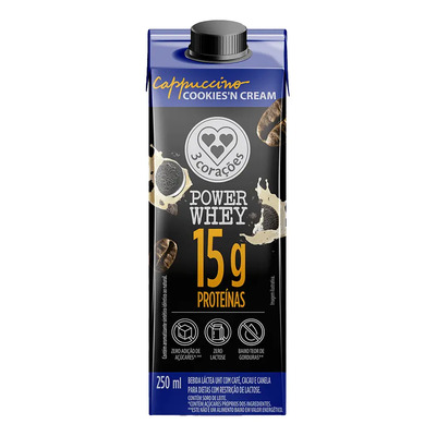 Bebida Láctea UHT Cappuccino Cookies'n Cream Zero Lactose 3 Corações Power Whey Caixa 250ml | Frete grátis
