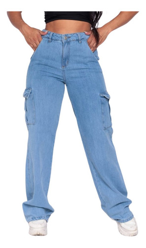 Calça Jeans Feminina Wide Leg Cargo Bolso Lateral Premium