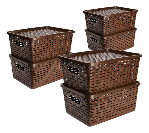 Set X6 Cajas Organizadoras Con Tapa Canasta Mimbre Plástico 