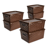 Set X6 Cajas Organizadoras Con Tapa Canasta Mimbre Plástico 