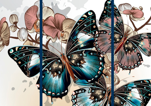 Cuadro Decorativo Mariposa Ilustracion Flores En 3 Piezas 