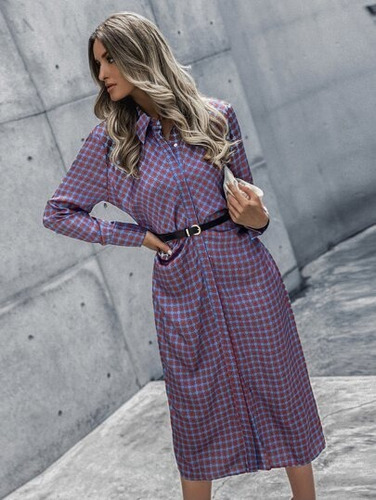 Vestido Midi Tipo Camisa Cuadrícula Rojo Celeste Shein