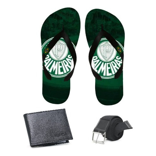 Kit Chinelo Palmeiras  Carteira Ultra Fina E Cinto Masculino