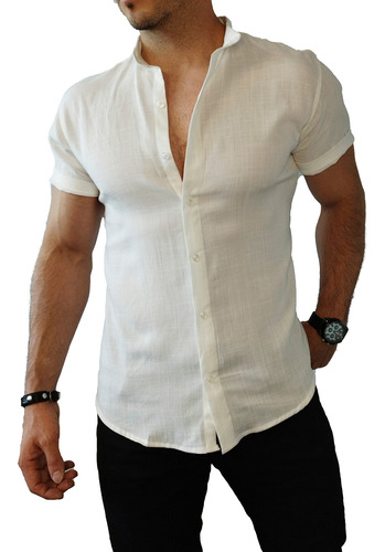 Camisa Manga Corta Fit Hombre Lino Cuello Mao Polo Urbana