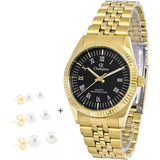 Relogio Pulso Champion Feminino Prova D'agua Dourado Cor Da Correia Dourado Cor Do Bisel Dourado Cor Do Fundo Preto