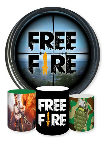 Kit Painel De Festa Redondo E Capas Cilindros Tema Free Fire