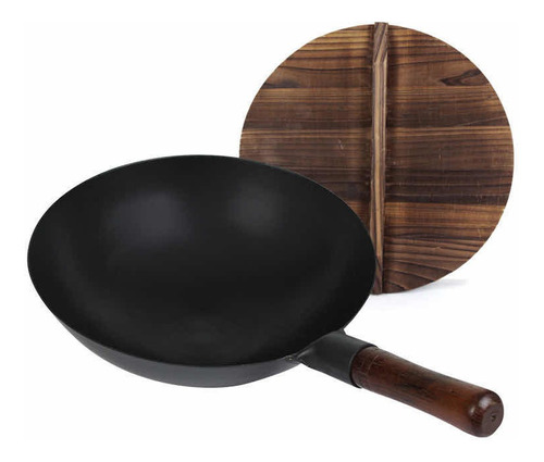 Sarten Wok Chino Con Tapa Y Mango De Madera 32cm Antiadheren