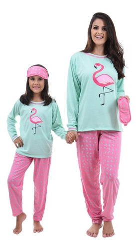 Kit  Tal Mãe Tal Filha 2 Pijamas Flamingo Inverno Longo