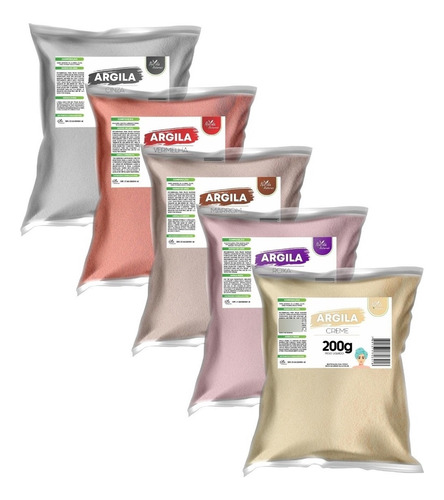 Kit 5 Argilas (cinza, Vermelha, Marrom, Roxa E Creme) 200g