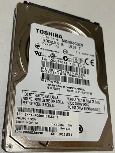 Disco Rigido Notebook 250gb Sata2 2.5 Toshiba