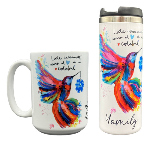 Termo Y Taza Blanca 15 Oz. Colibrí Personalizado Nombre