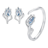 Anillo Y Aretes Set Conjunto Flor Tulipán Azul Plata S925