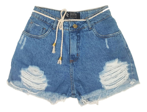 Short Jeans Feminino Cintura Alta Rasgado Cordão