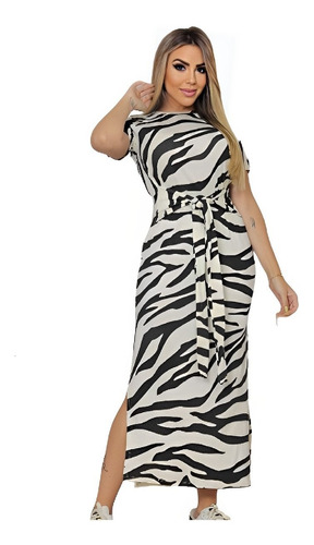 Vestido Zebra Fenda Lateral Longo Moda Feminina Midi Casual