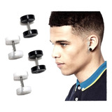 Brinco Masculino Falso Alargador 4 Par Preto Branco 8 Mm Aço