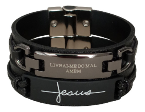 Combo 2 Pulseiras Masculinas Jesus Livrai-me Do Mal Amém Top