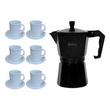 Set Cafetera Italiana 9 Tazas Total Black Jarro Plato X6