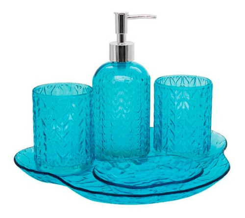 Jogo 5 Peças Banheiro De Vidro Leaf Azul Lavabo Sabonete
