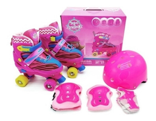 Roller Patins Infantil Quad 4 Rodas + Kit Proteção Capacete