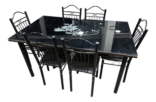 Juego De Comedor Con 6 Sillas Mesa Mdf Vidrio Rect. Negro