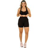 Conjunto Fitness Feminino Sem Costura Shorts Top Zíper Moda