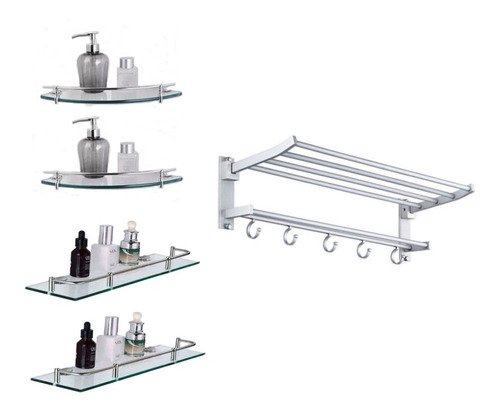 Set Baño 4 Repisas De Cristal + Toallero Doble Inox