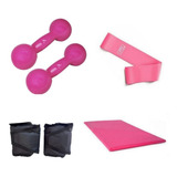 Kit Treino Em Casa Halter 2 Kg + Caneleira 3 Kg + Colchonete Cor Rosa