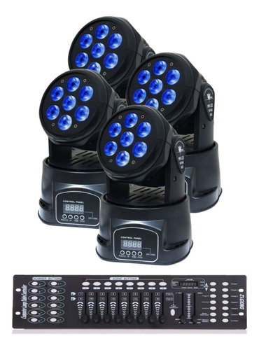 4 Mini Moving 7 Led 12w Iluminação Rgbw Faz Branco+ Mesa Dmx